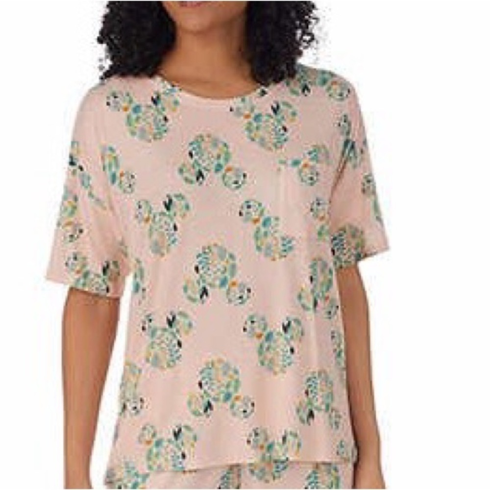 Disney Mickey Mouse Leaves Lounge Tee Pink Floral Top Medium